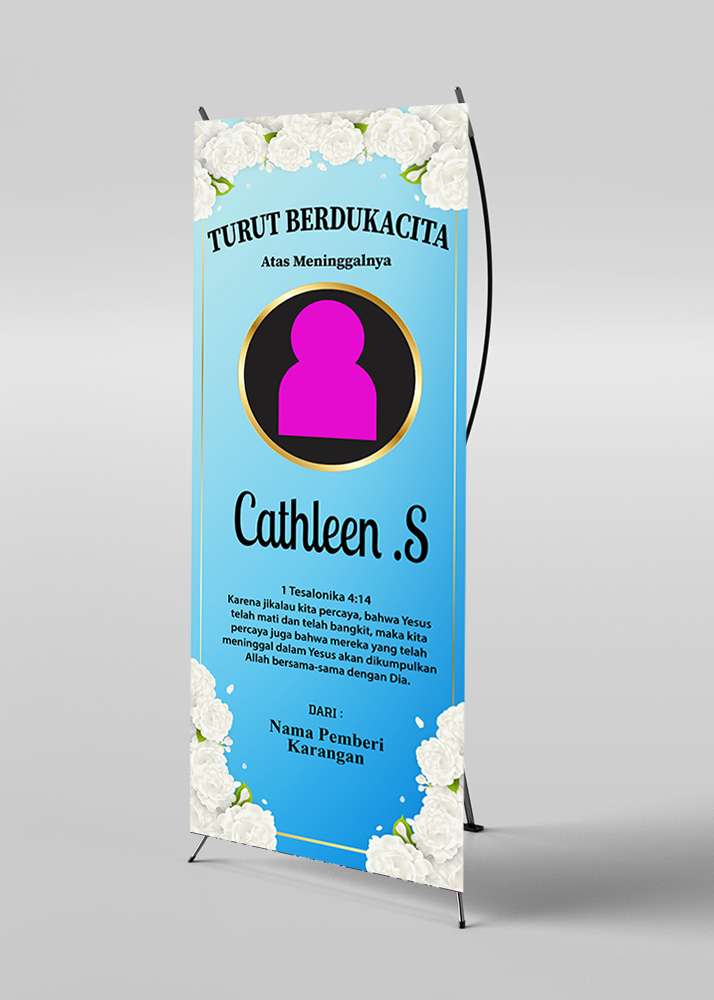 X Banner Duka Cita dengan Latar Biru dan Bunga Putih Cantik - Image 1