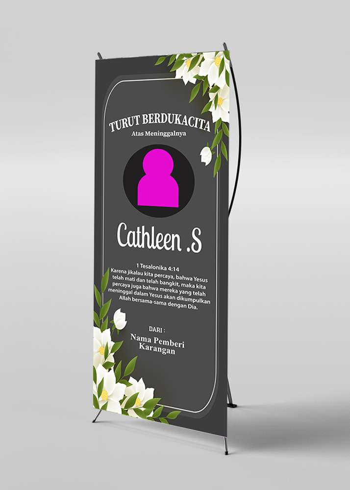 X Banner Berduka Cita Background Hitam Elegan dengan Hiasan Bunga Putih Indah - Image 1