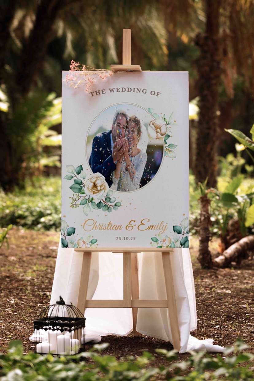 Wedding Sign Floral Frame Desain Elegan dengan Foto Pasangan Penjelasan: - Image 1