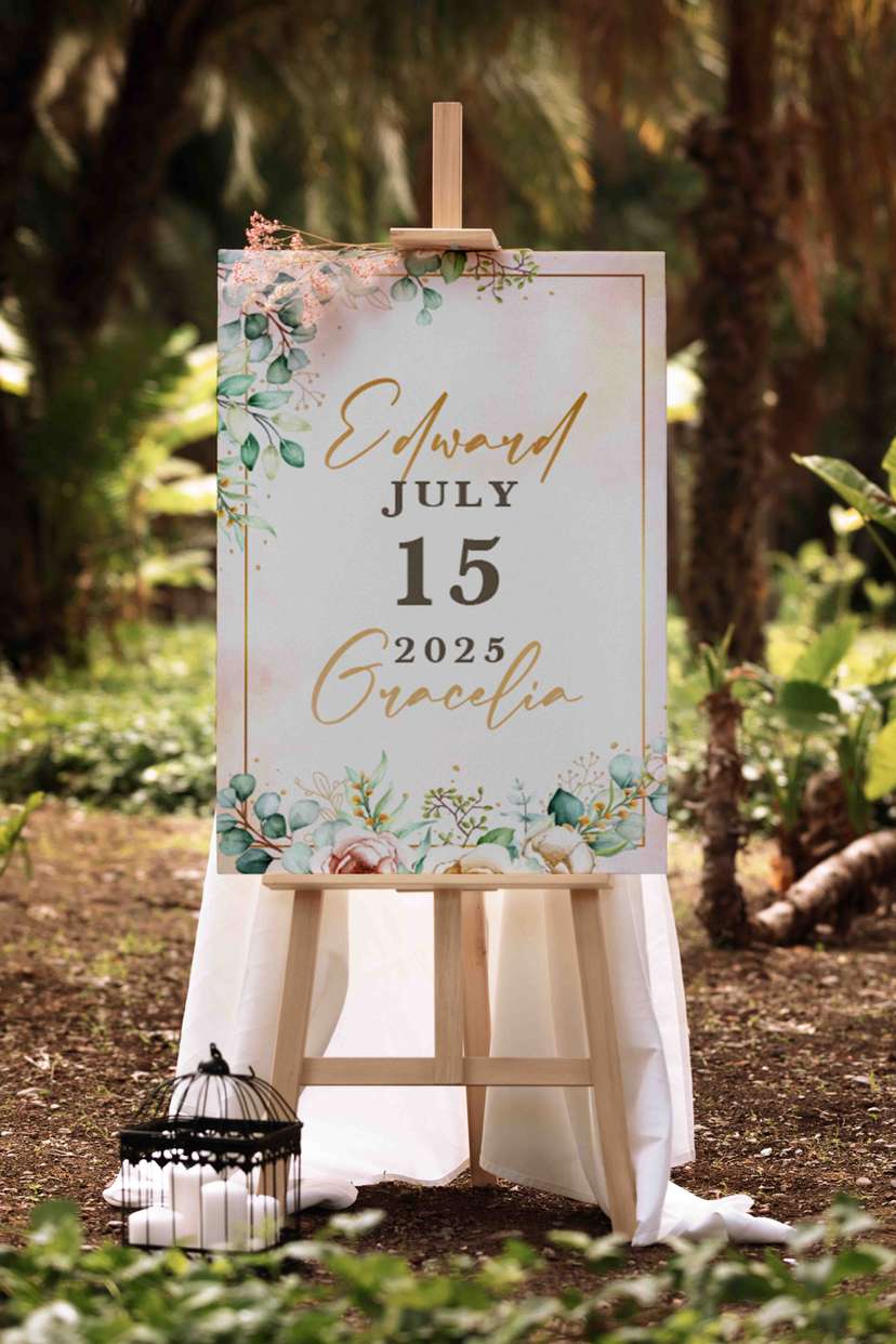 Wedding Sign Floral Pastel Desain Romantis dengan Bingkai Elegan - Image 1