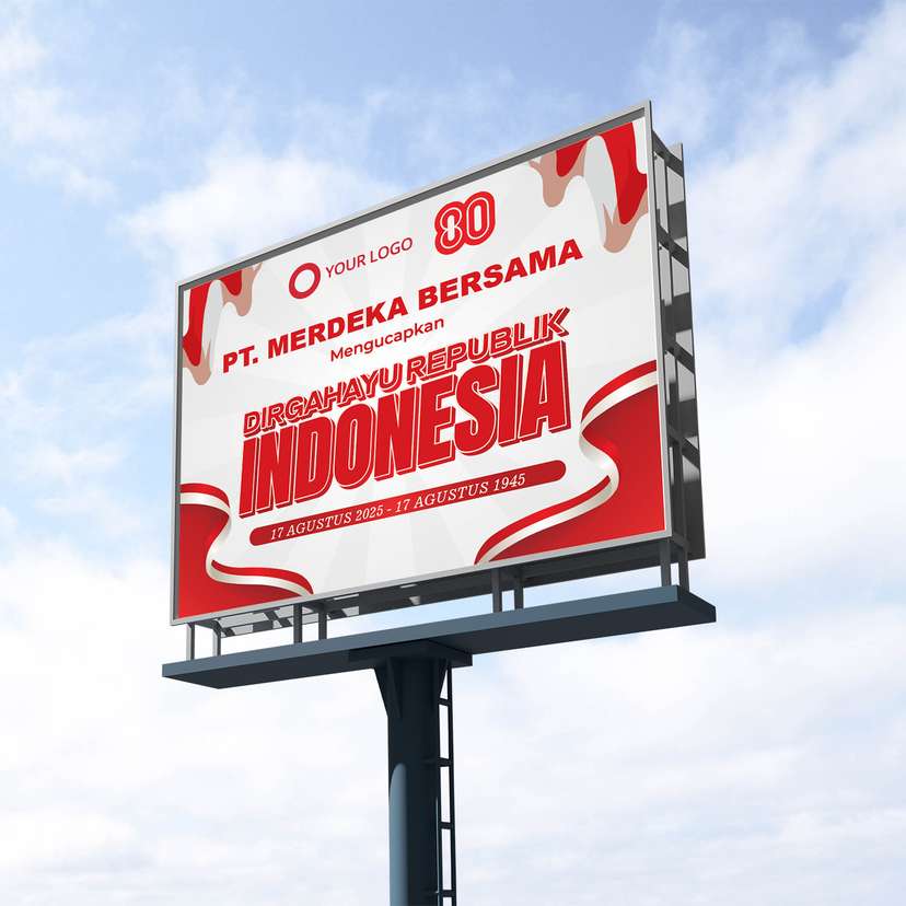 Baliho Ucapan Kemerdekaan Dirgahayu RI Dengan Latar Putih Dan Hiasan Merah - Image 1