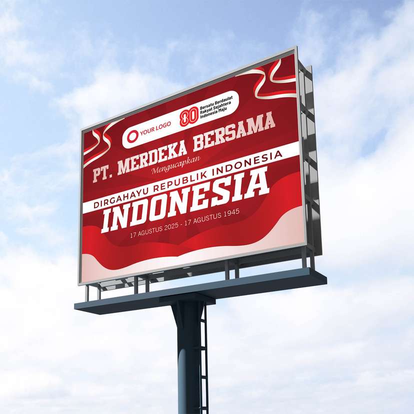 Baliho Ucapan Kemerdekaan Dirgahayu RI Dengan Latar Merah Gelap Dihiasi Bendera - Image 1