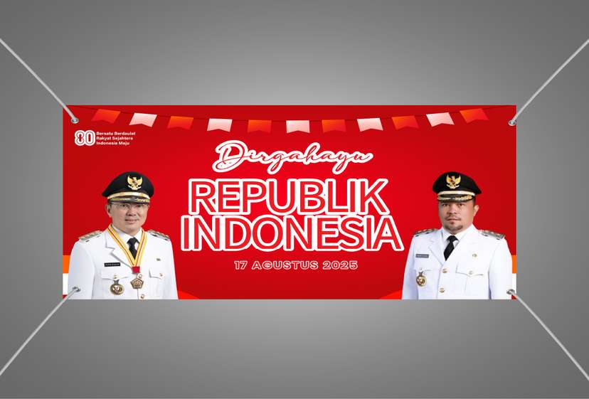 Baliho Kemerdekaan Dengan Model Merah Sebagai Patriotik dengan Bendera Hias dan Potret Pemimpin Daerah - Image 1