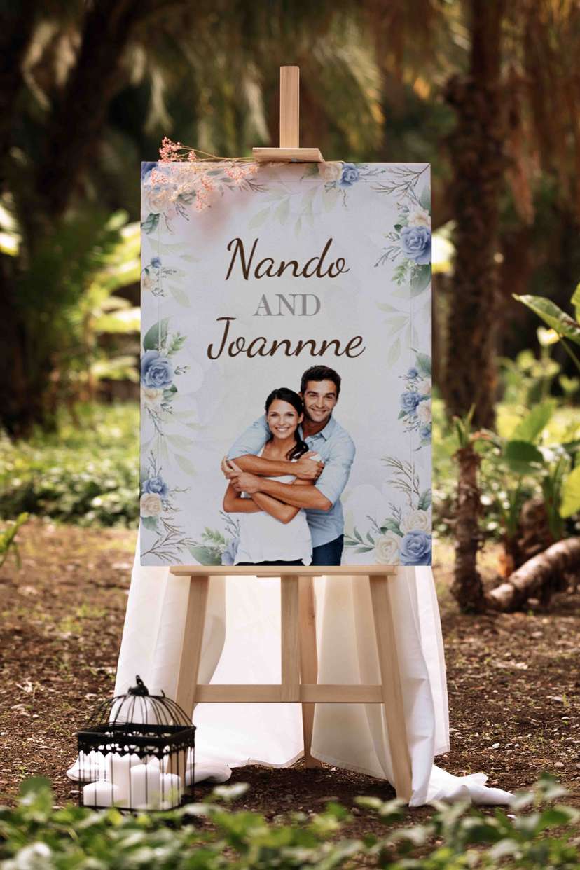 Wedding Sign Bunga Biru Putih Dengan Foto - Image 1