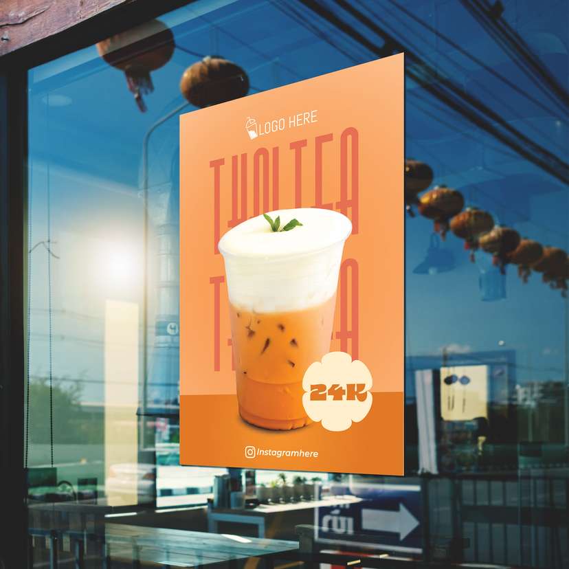 Poster Promo Minuman Thai Tea latar Peach Coklat - Image 1