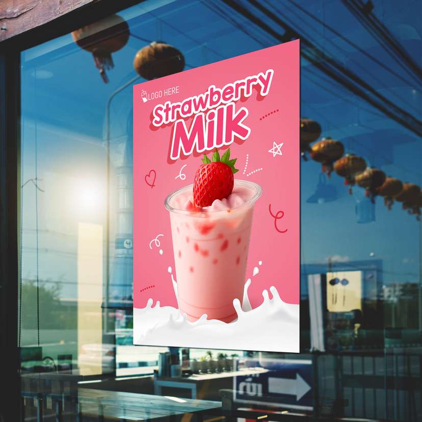 Poster Promo Minuman Strawberry Milk Dengan Background Pink - Image 1