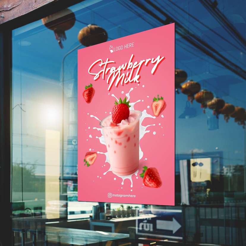 Poster Promo Minuman Strawberry Milk Dengan Background Pink - Image 1