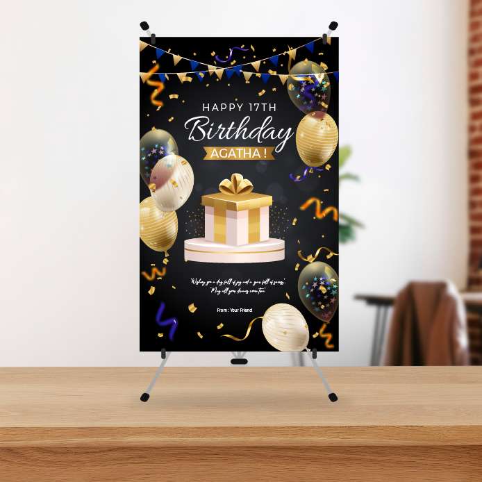 Mini Standing Banner Ulang Tahun Sweet 17 Elegan Gold & Black - Image 1