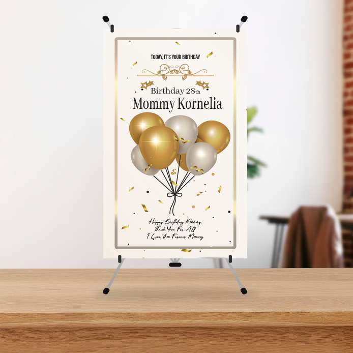 Mini Standing Banner Ulang Tahun Dewasa Mommy Kornelia 28 Tahun Elegan Gold Balloon - Image 1
