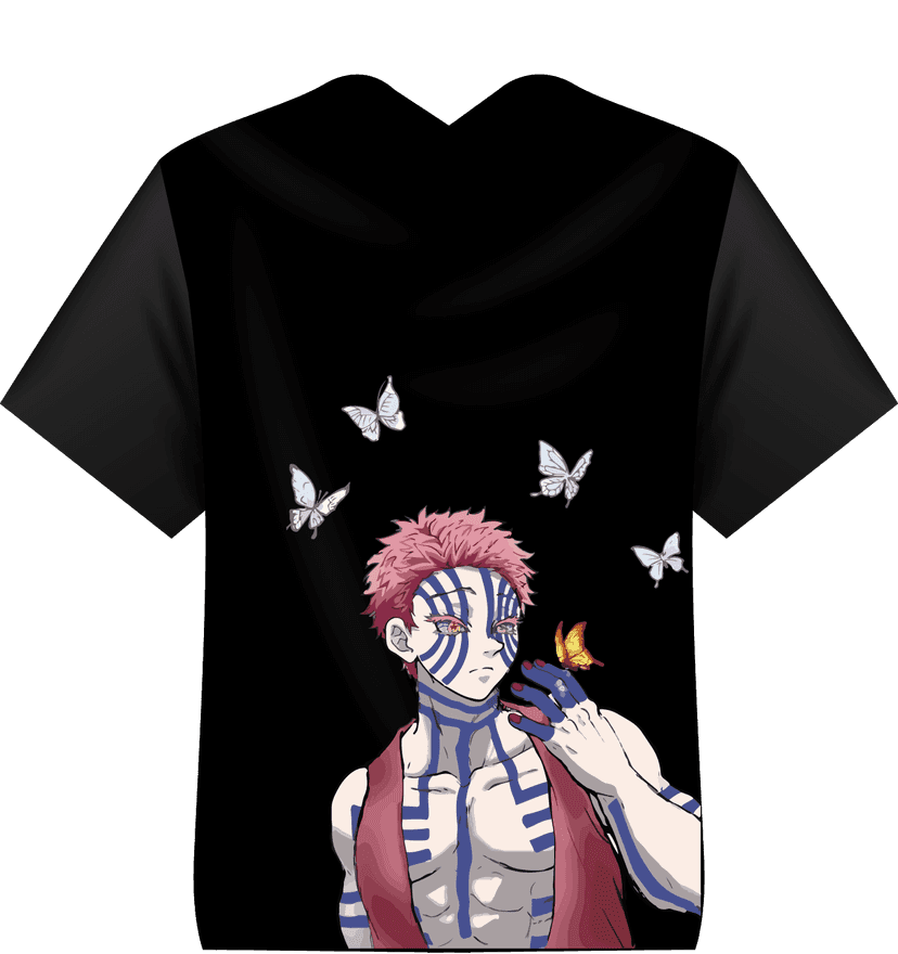 Kaos Anime Demon Slayer Akaza with Butterfly Fullprint Hitam Elegan - Image 1