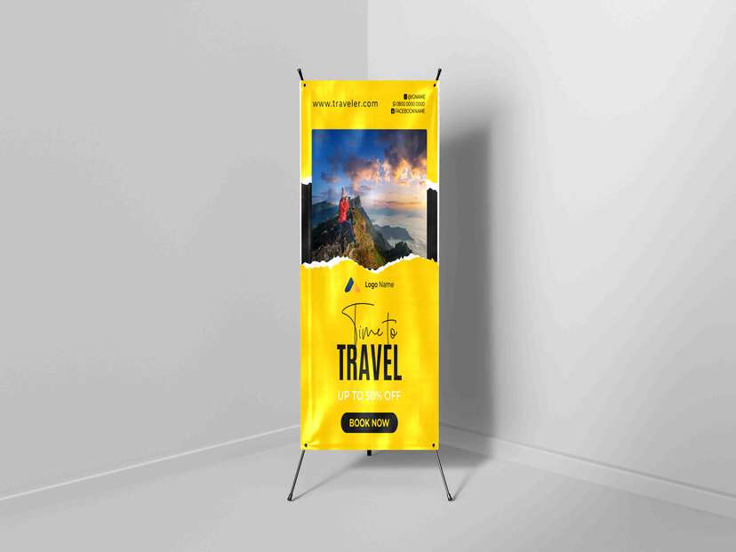 X Banner Kuning Untuk Perusahan Travel dengan Tema Time To Travel - Image 1