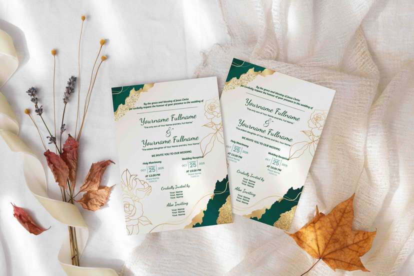 Undangan Pernikahan Elegan Floral Desain Dua Sisi dengan Sentuhan Emas & Hijau Emerald - Image 2