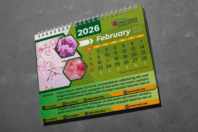Kalender Meja 2026 Landscape Desain Elegan Hijau dengan Foto & Jadwal Libur Nasional - Image 2