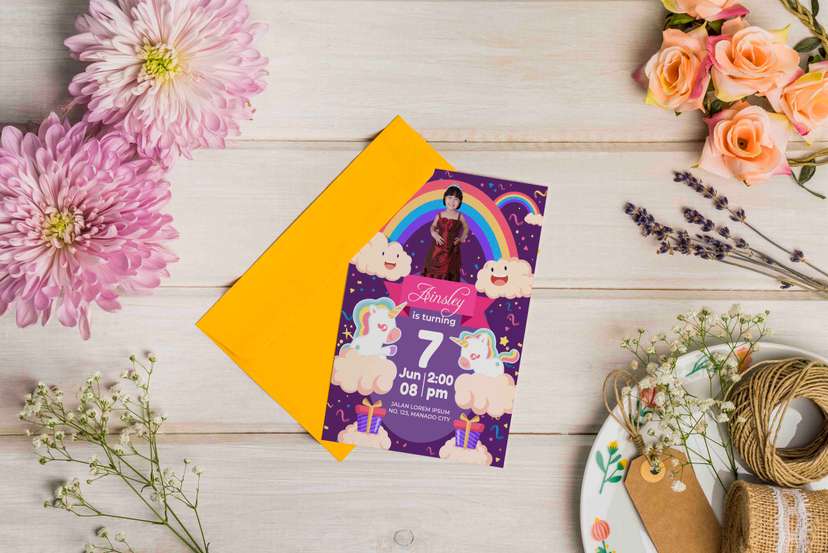Undangan Ulang Tahun Ainsley Tema Unicorn Awan Ungu - Image 1