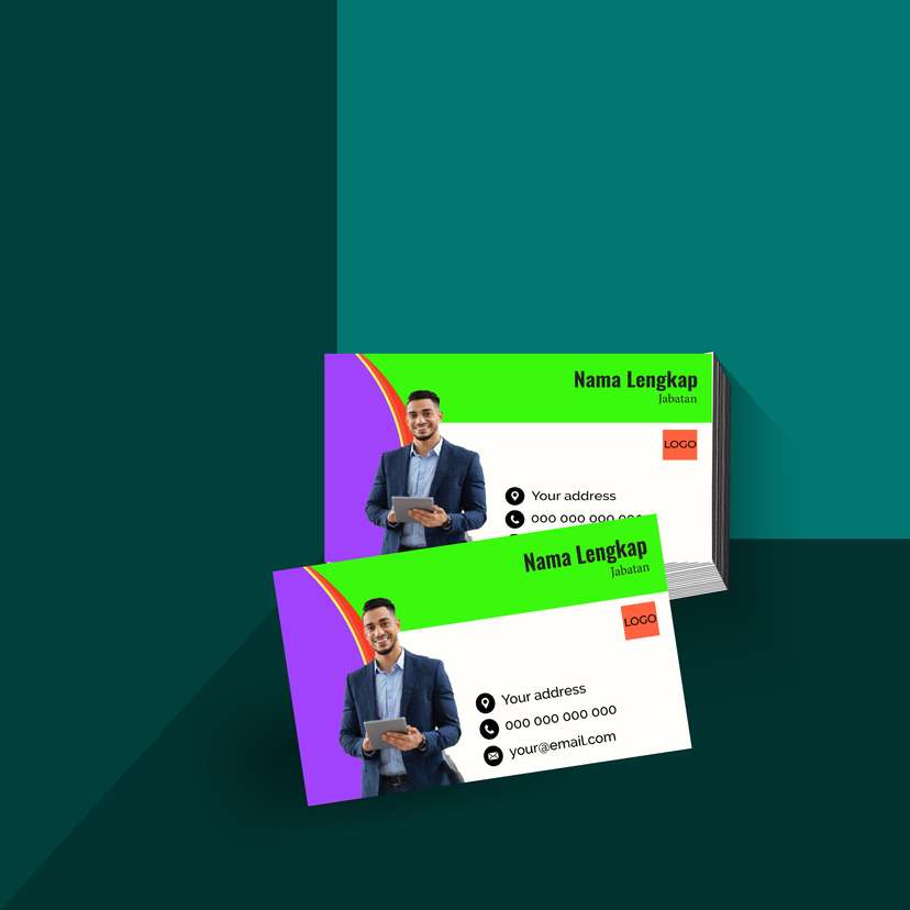 Kartu Nama Profesional dengan Nuansa Hijau Cerah dan Ungu Kreatif, Menampilkan Gaya Modern yang Segar dan Energik - Image 1