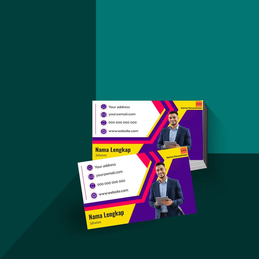 Kartu Nama Modern dengan Kombinasi Ungu, Kuning, dan Merah, Memberikan Identitas Bisnis yang kreatif - Image 1