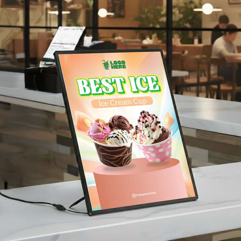 Slim LED Menu Ice Cream Cup Dengan Latar Orange Muda - Image 1