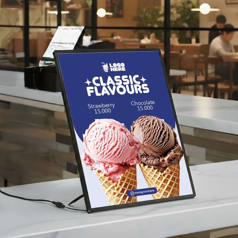 Slim LED Menu Ice Cream Cup 2 Rasa Dengan Latar Biru - Image 1