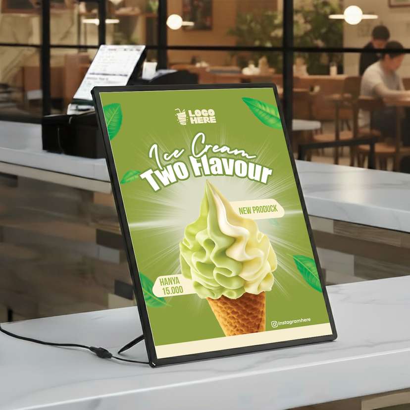 Slim LED Menu Ice Cream Cone 2 Rasa Dengan Latar Hijau - Image 1