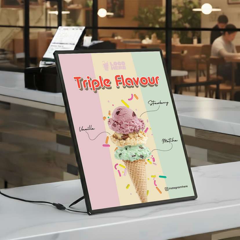 Slim LED Menu Ice Cream Cone 3 Rasa Dengan Latar Hijau Pink Kuning - Image 1
