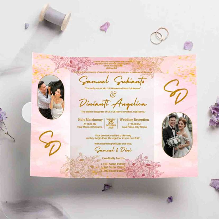 Undangan Pernikahan Elegant Lipat Tiga Pink Pastel - Image 2