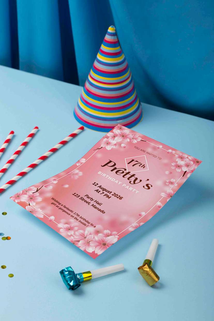 Undangan Ulang Tahun Sweet 17 Desain Floral Pink Elegant - Image 1