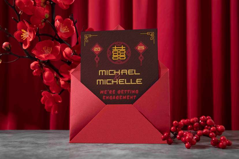 Undangan Tunangan Michael & Michelle – Desain Oriental Merah Emas yang Elegan dan Bermakna - Image 1