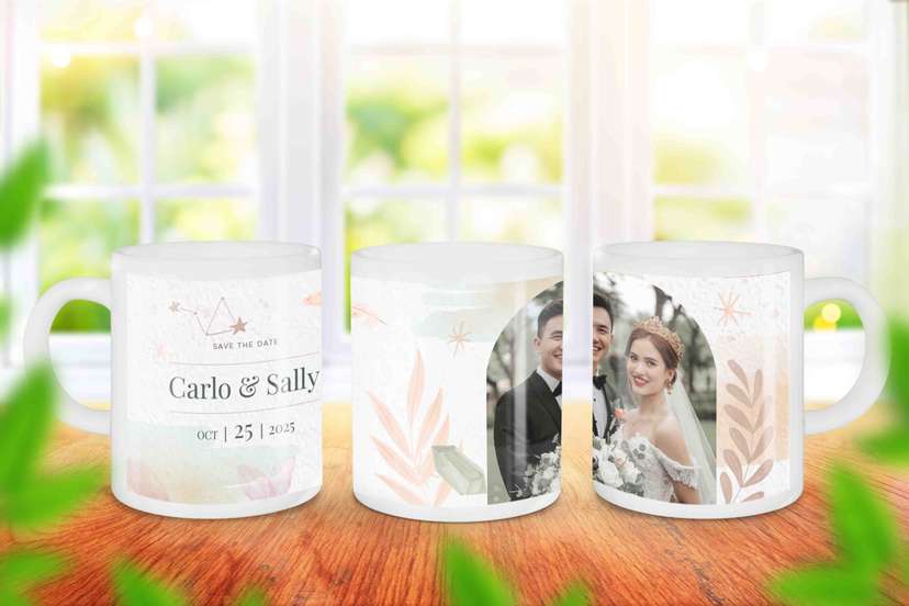 Mug Souvenir Pernikahan Carlo & Sally Desain Modern Pastel - Image 1