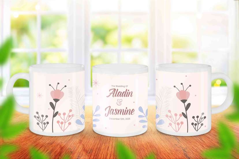 Mug Souvenir Pernikahan Aladin & Jasmine Desain Minimalis Pastel Floral - Image 1