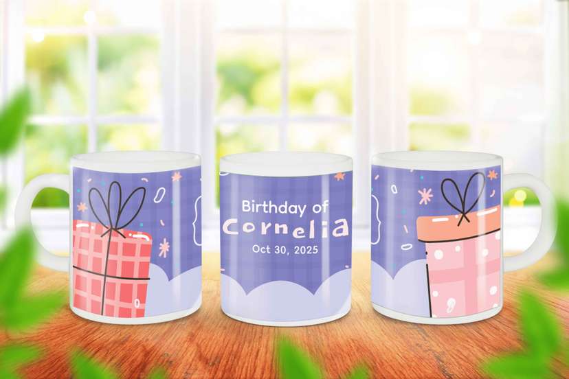 Mug Souvenir Ulang Tahun Ceria dengan Gambar Kado - Image 1