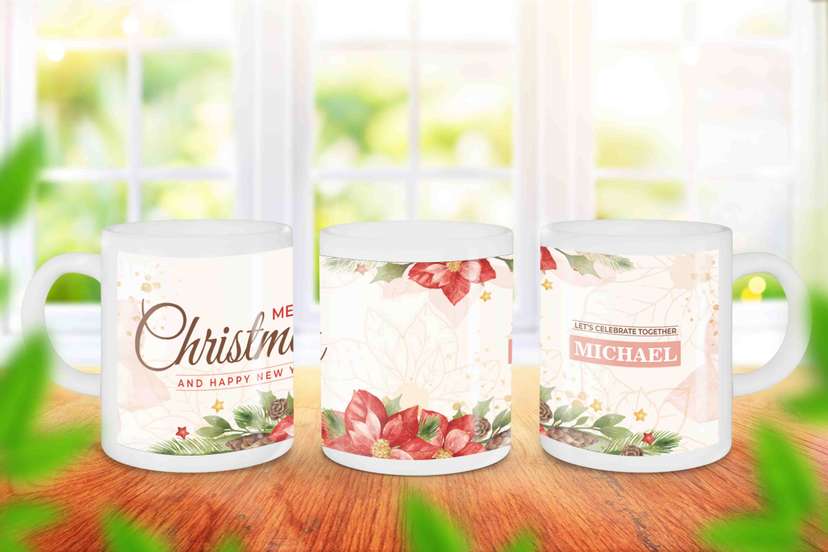 Mug Souvenir Natal Untuk Kenalan Desain Bunga Merah Elgant - Image 1