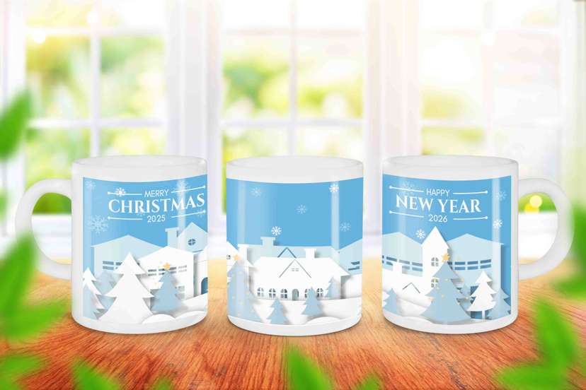 Mug Souvenir Merry Christmas and Happy New Year Dengan Gambar 3D Soft Blue - Image 1